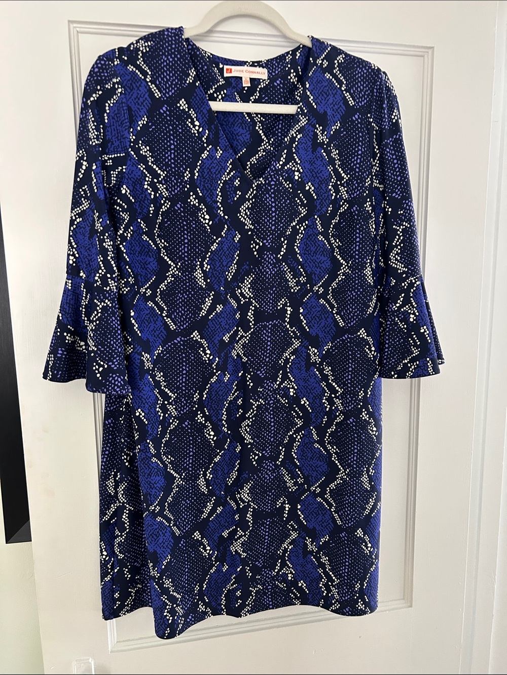 Jude Connally Blue Snake-Print V-Neck Midi Dress